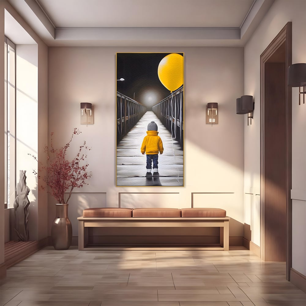 Tablou canvas cu tablou canvas cu un copil si balon galben pe pod, in rama de aluminiu auriu